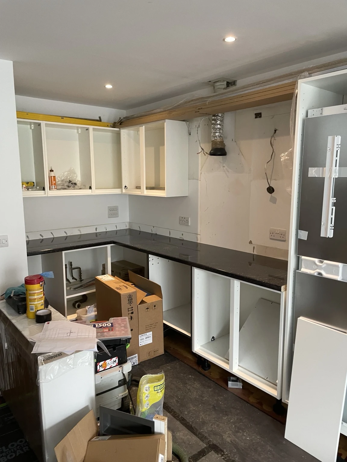 Kitchen cabinets and worktops during installation