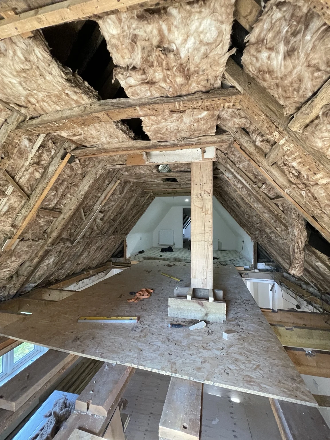 Traditional roof framing and timber during restoration