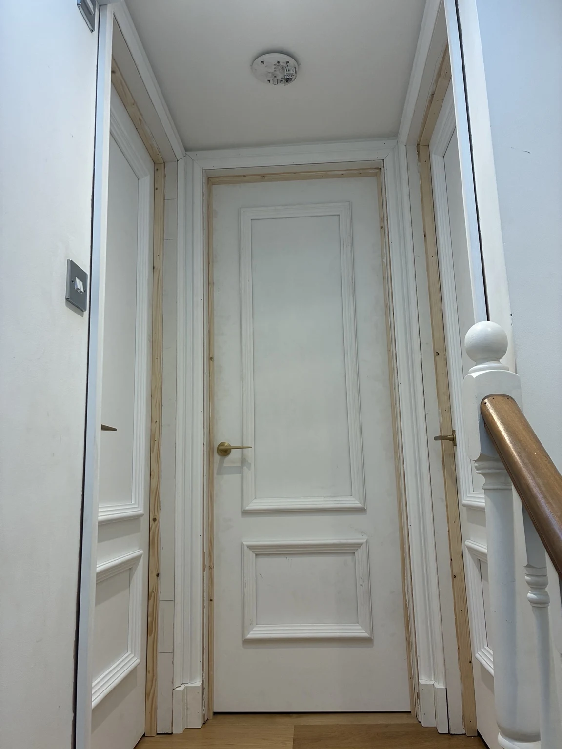 Completed panelled interior door and decorative wall trim