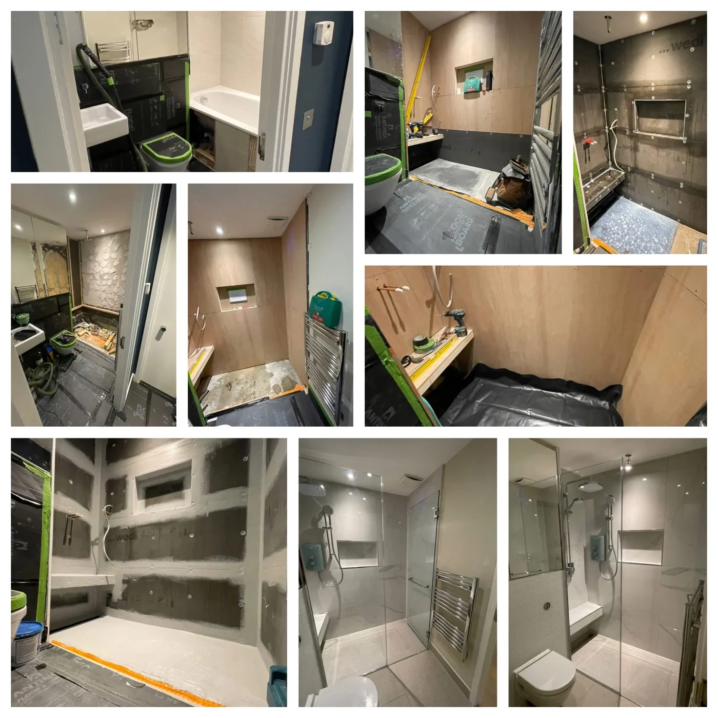 Bathroom renovation stages and completed shower